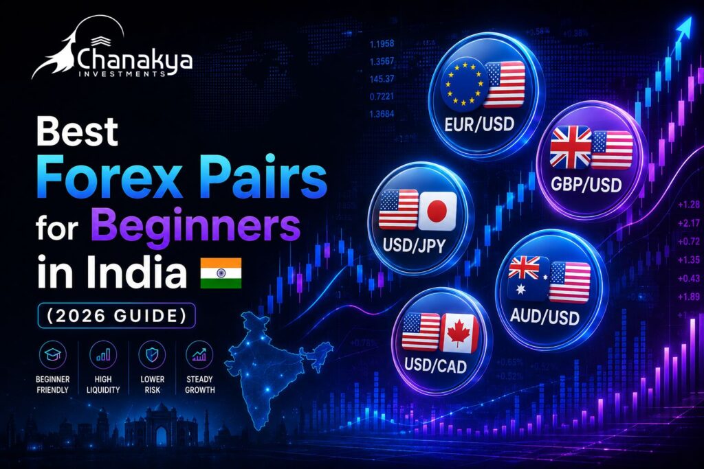 Best Forex Pairs for Beginners in India 2026 Guide featuring EUR/USD, GBP/USD, USD/JPY, AUD/USD and USD/CAD with forex trading charts